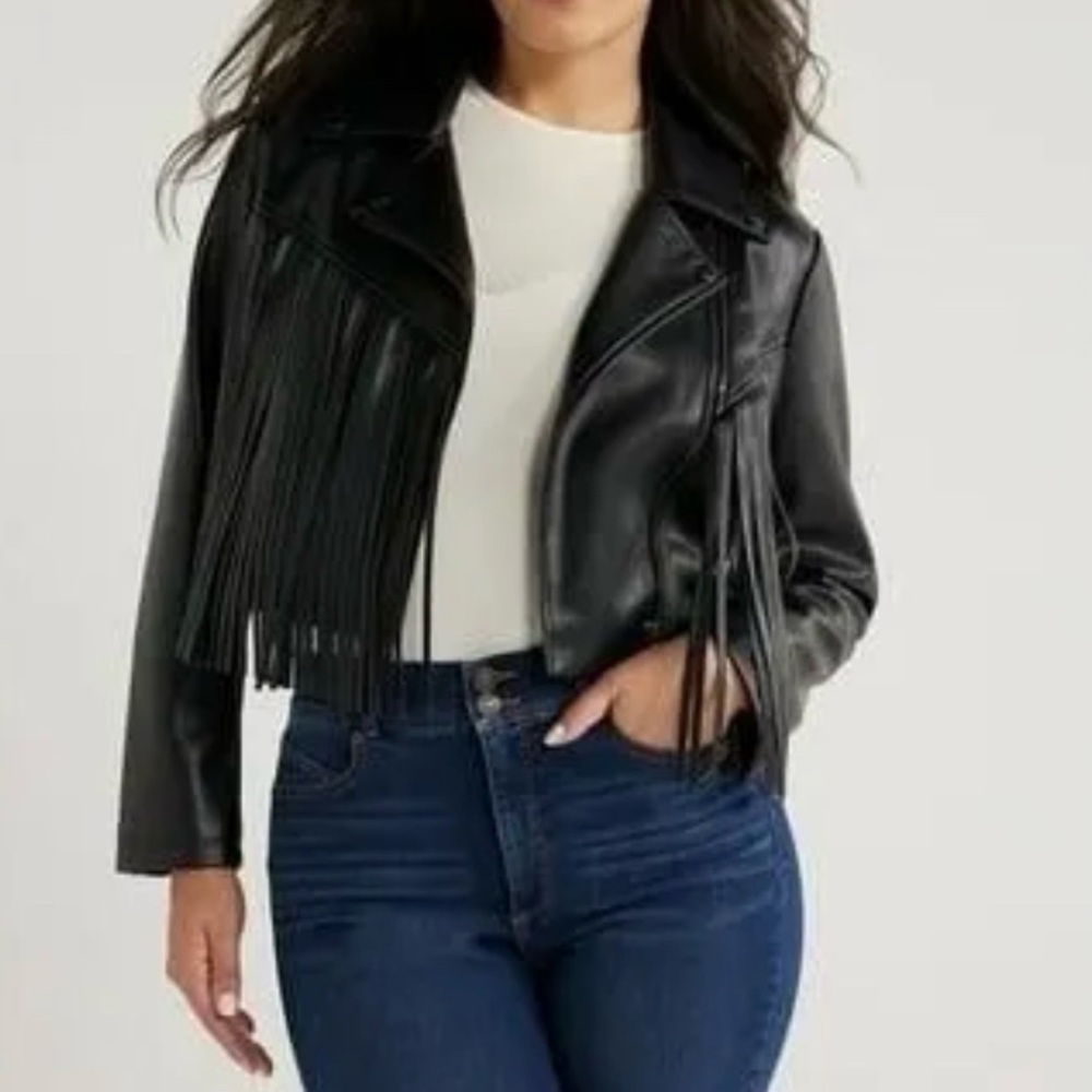 Sofia Jeans Womens Faux Leather Asymmetrical Zip Crop Fringe Jacket  Size Medium